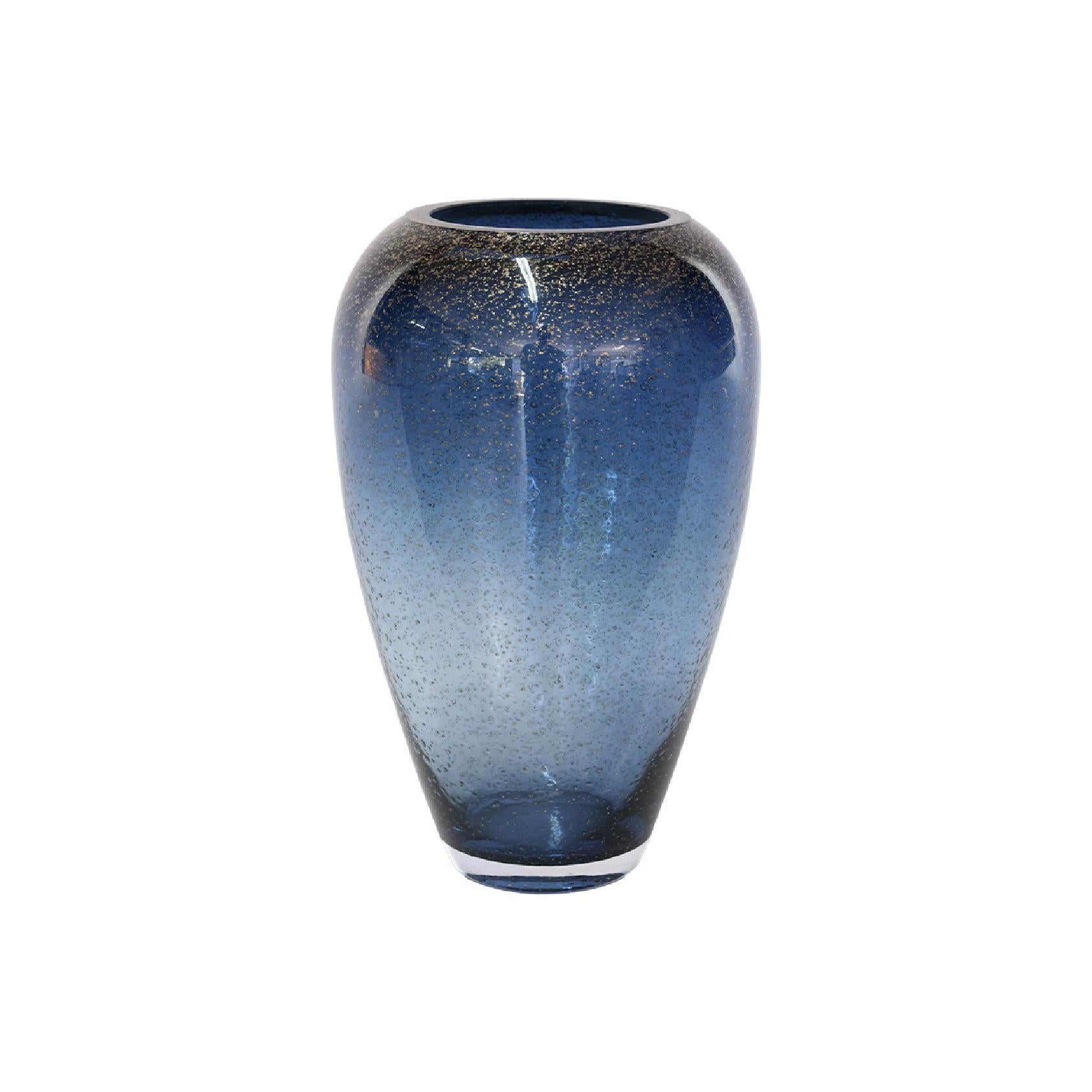 Blue glass vase with delicate gold flecks, glossy finish and a tapered silhouette