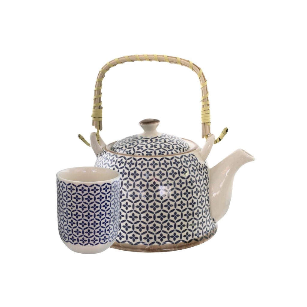 Blue patterned ceramic teapot and teacup