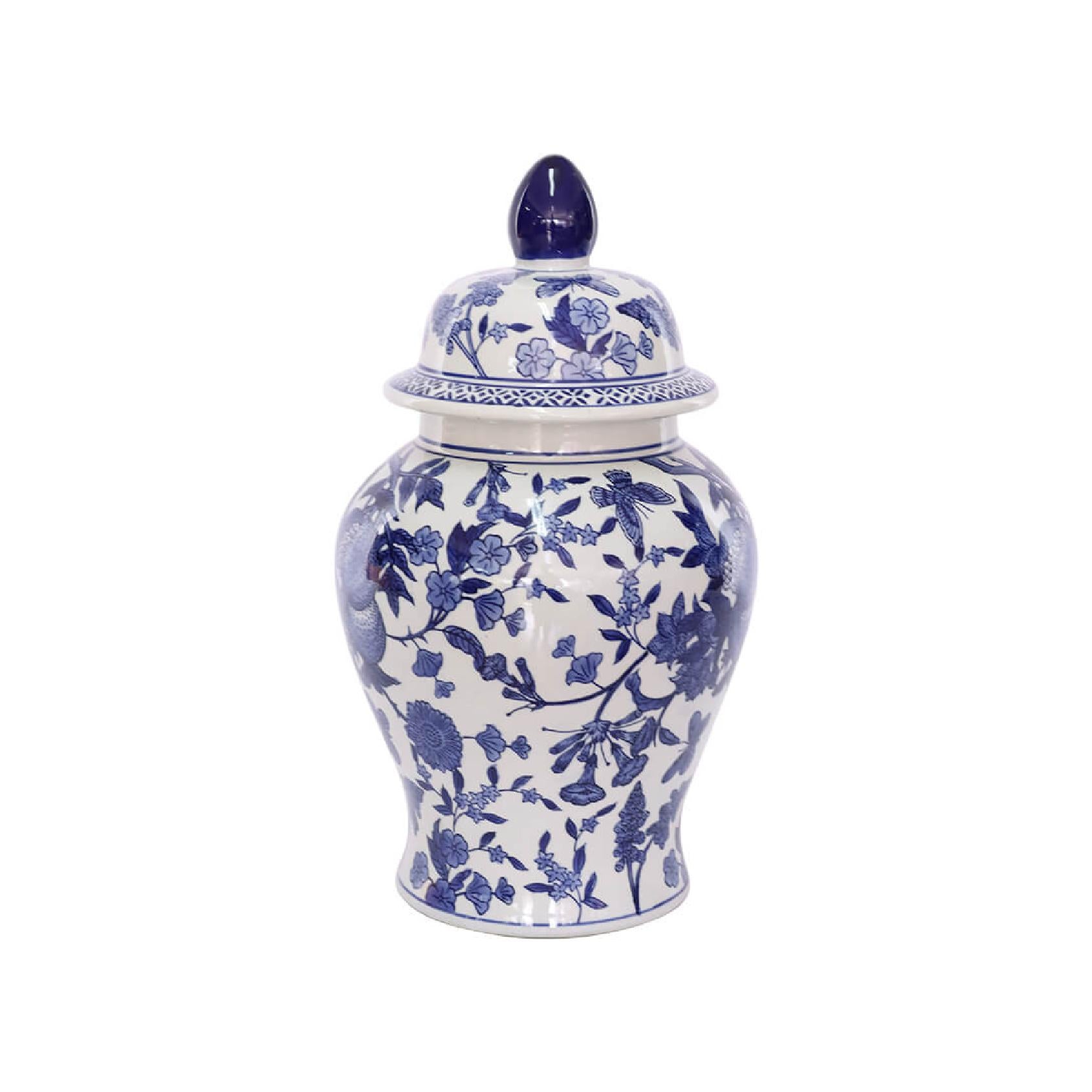 Blue and white floral-patterned ceramic ginger jar with lid