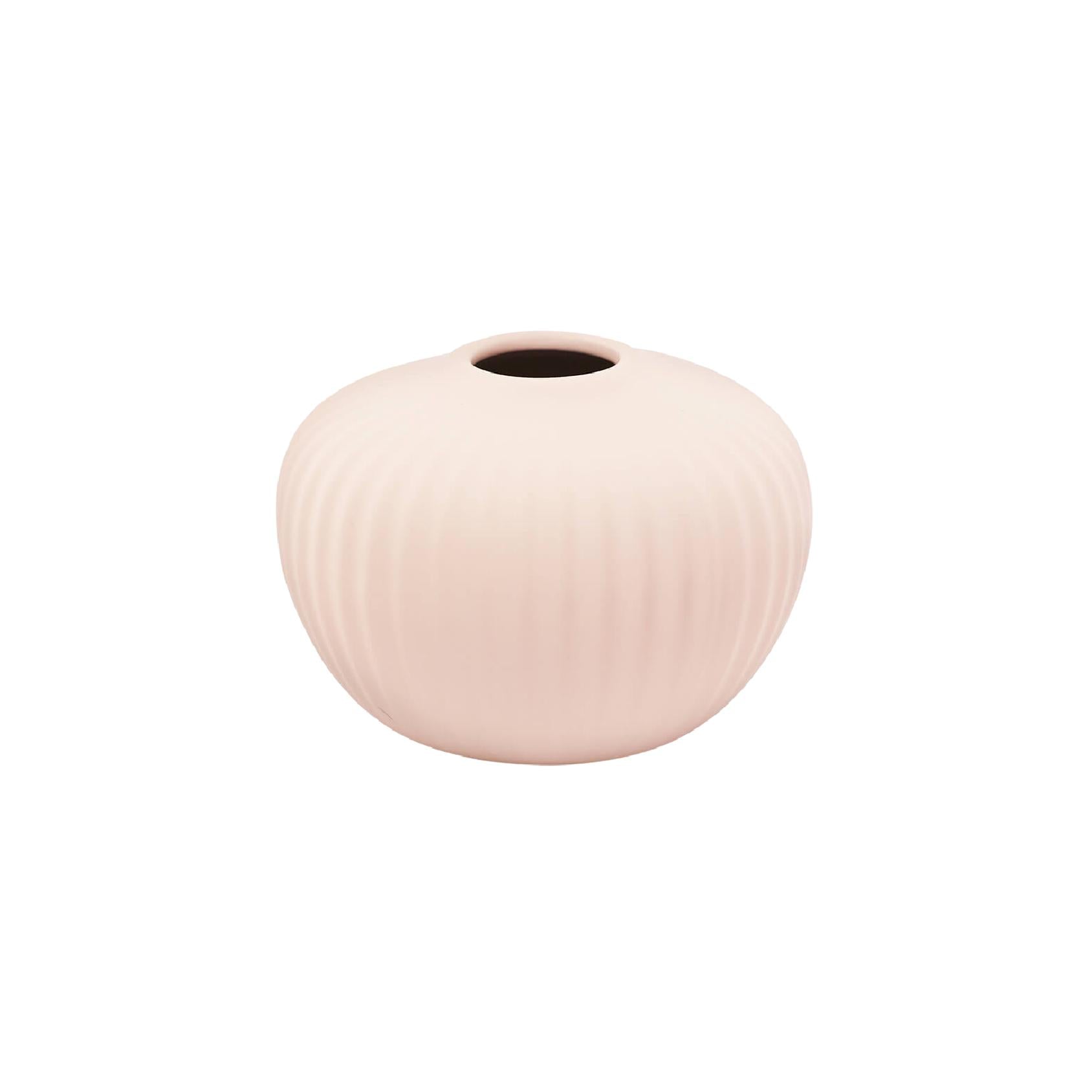 Round blush pink ribbed ceramic vase