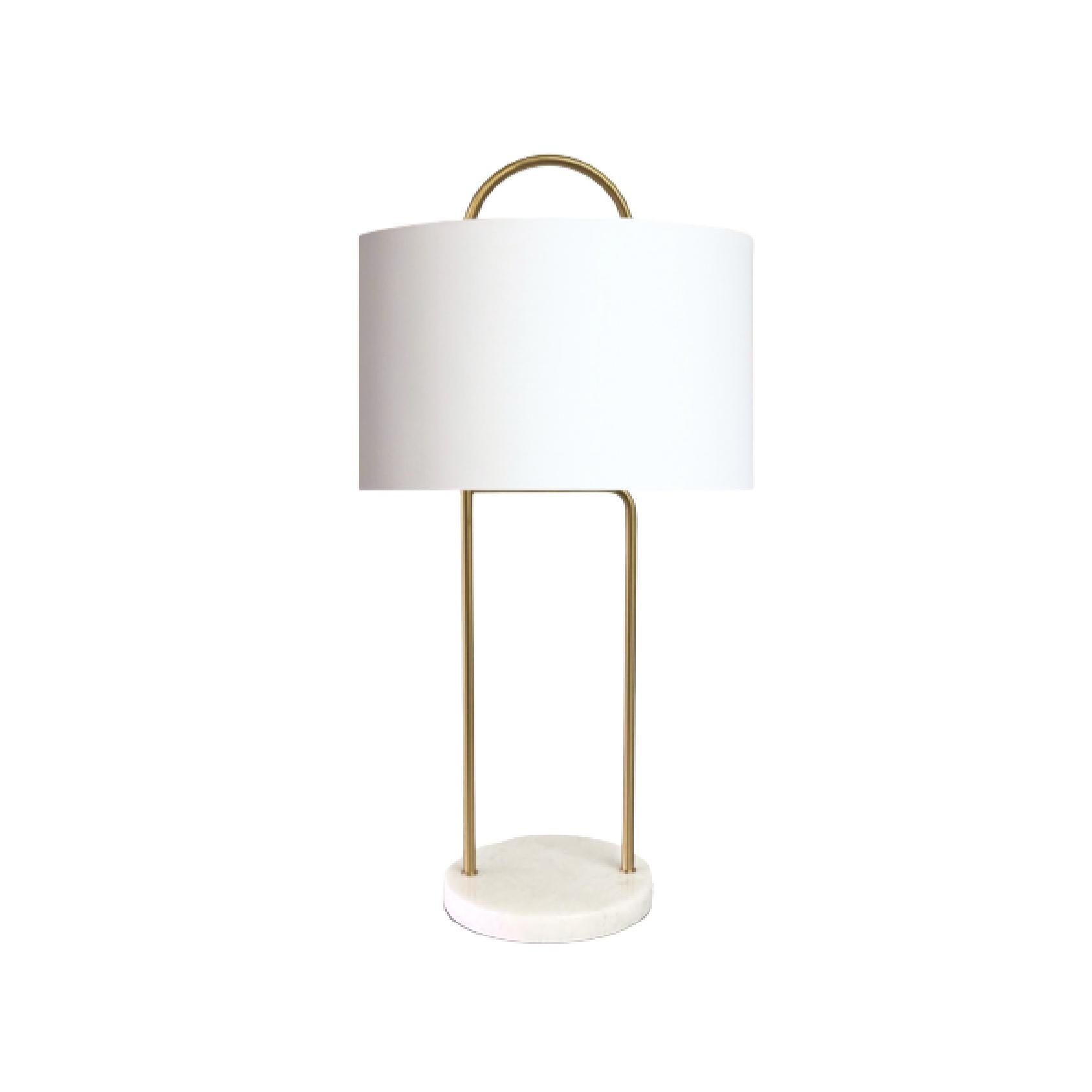 Table lamp with a white shade, gold accents and a marble base