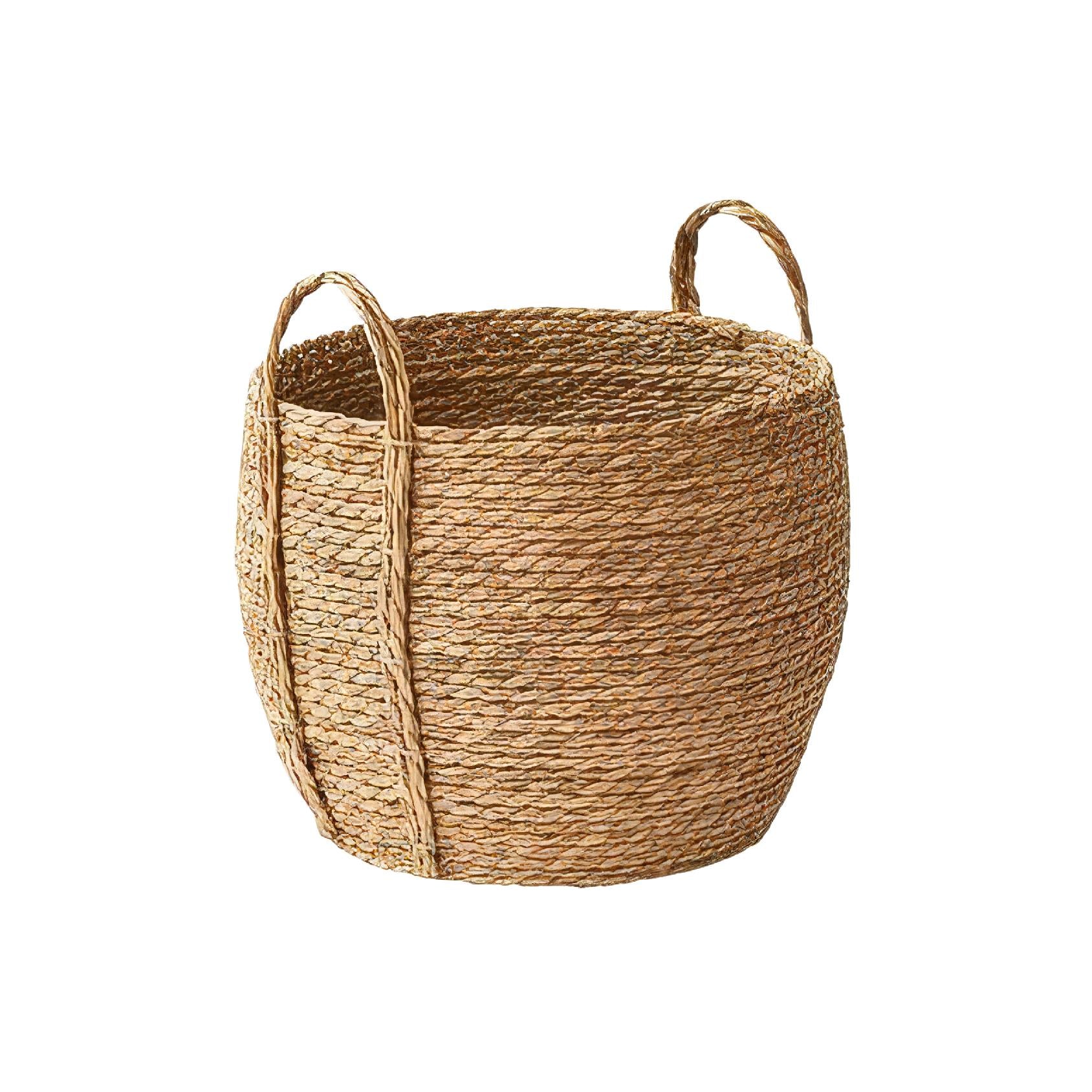 Natural, braided seagrass basket with a round shape and two handles on a white background