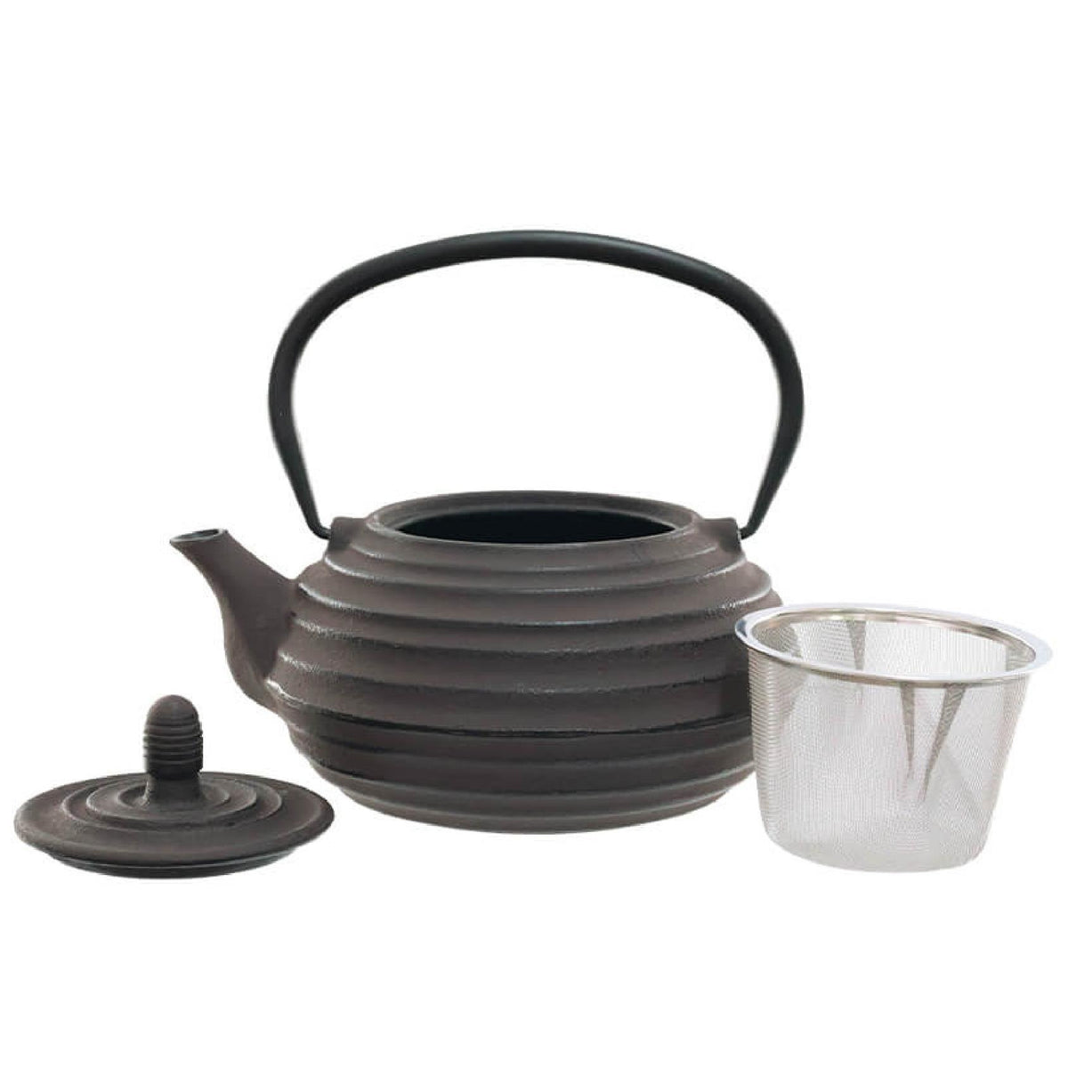 A dark brown cast iron teapot with circular ridges on the body, a black metal handle and a stainless steel mesh infuser