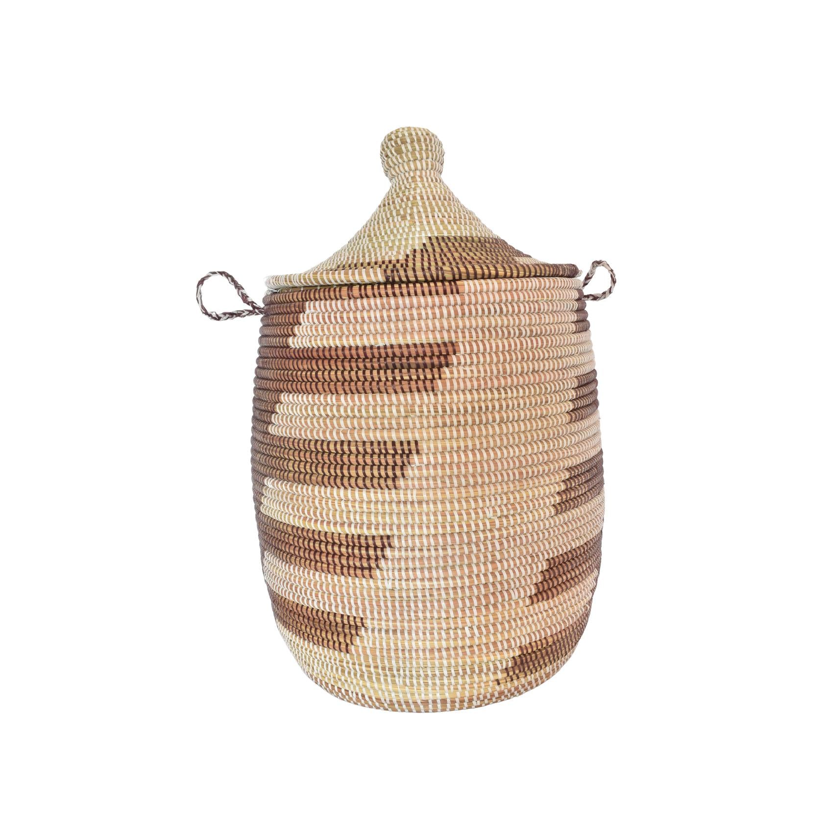 A hand-woven natural coloured basket with a lid, featuring a geometric pattern 