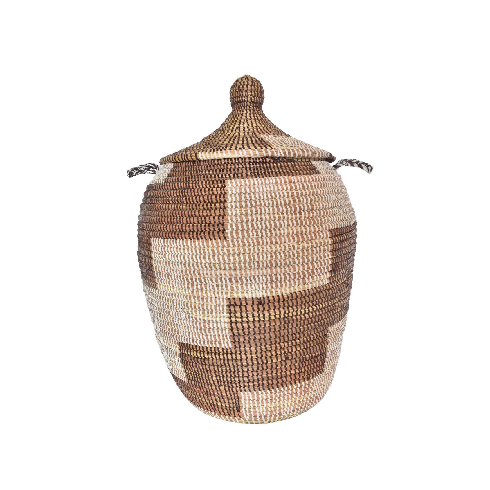 A hand-woven natural coloured basket with a lid, featuring a geometric pattern