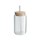 Can shaped glass with bamboo lid and glass straw