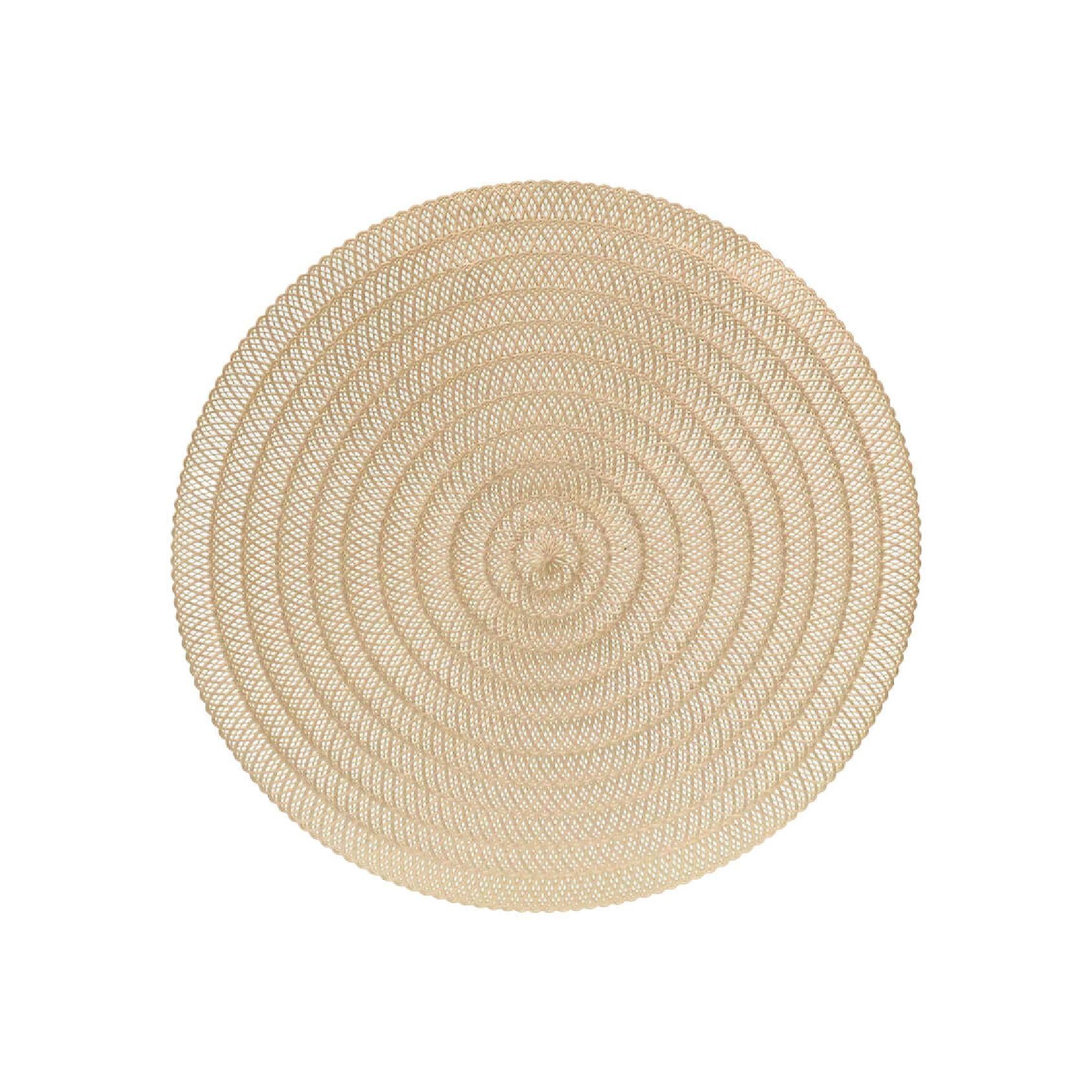 A round vinyl placemat in a champagne colour