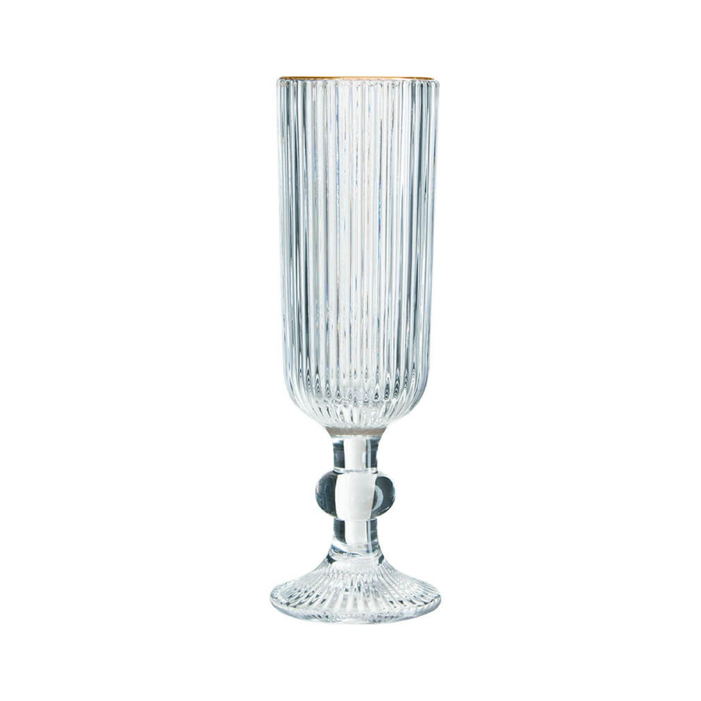 Clear ribbed champagne flute with gold rim