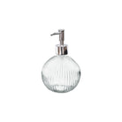Clear round ribbed glass soap dispenser with silver pump