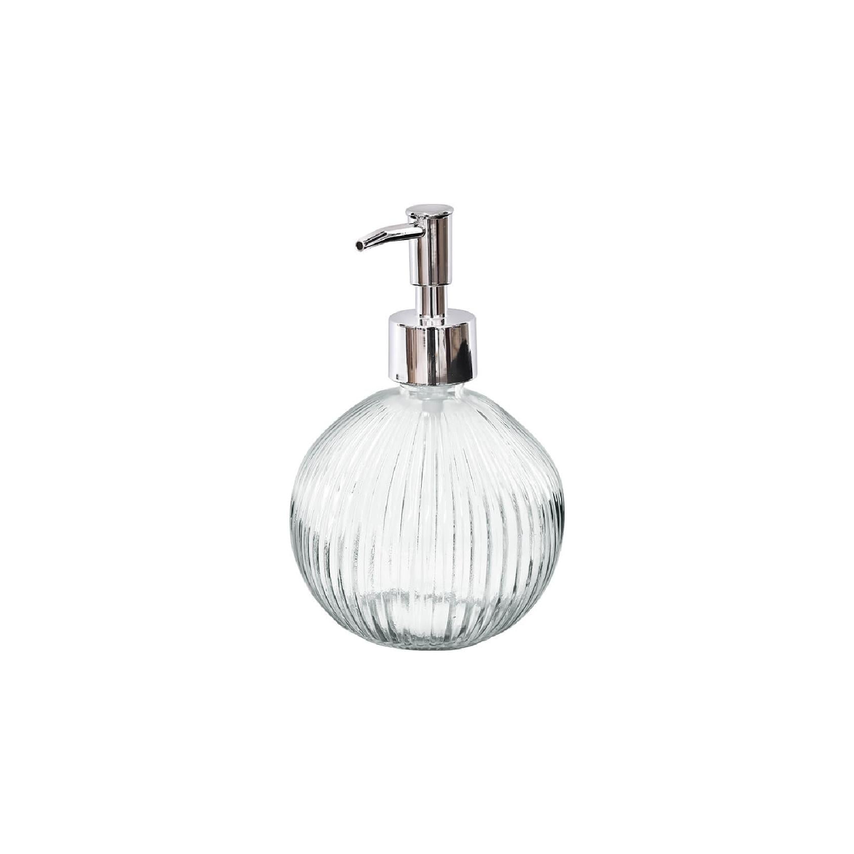 Clear round ribbed glass soap dispenser with silver pump