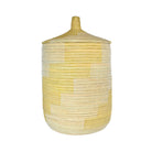 Decorative yellow and white storage basket with lid