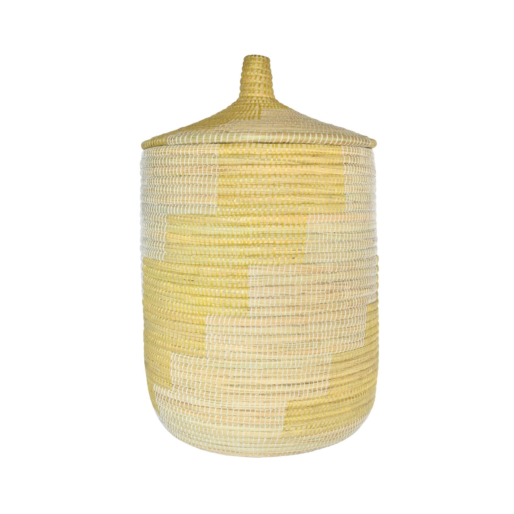 Decorative yellow and white storage basket with lid