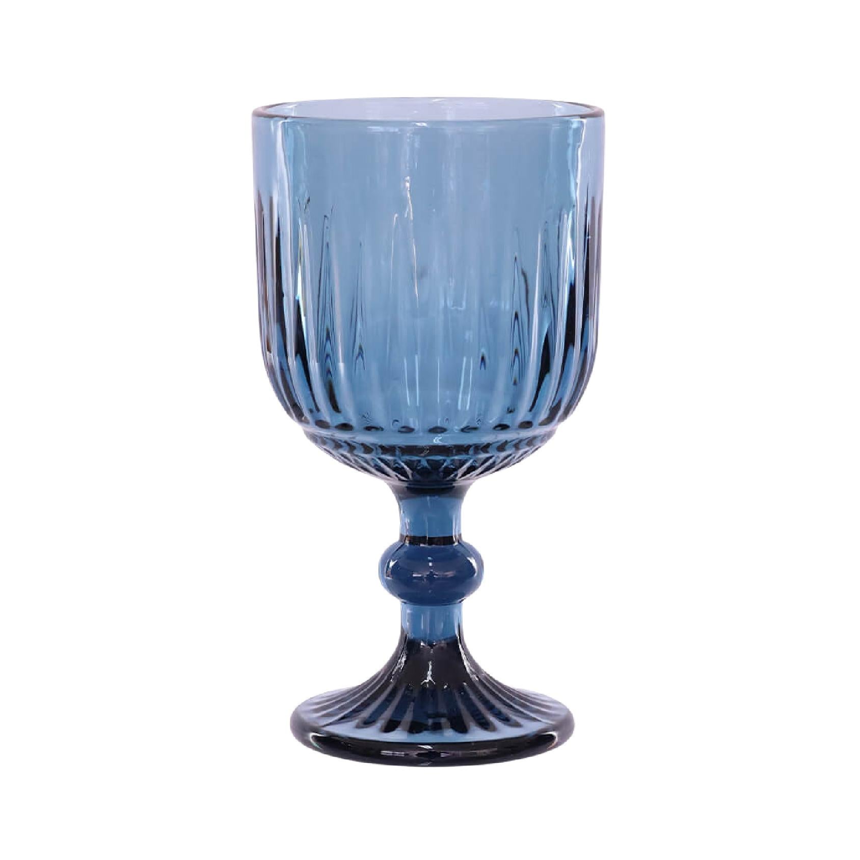 A blue wine glass with a vertical ribbed pattern