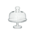 Clear glass cake stand with a matching glass dome lid