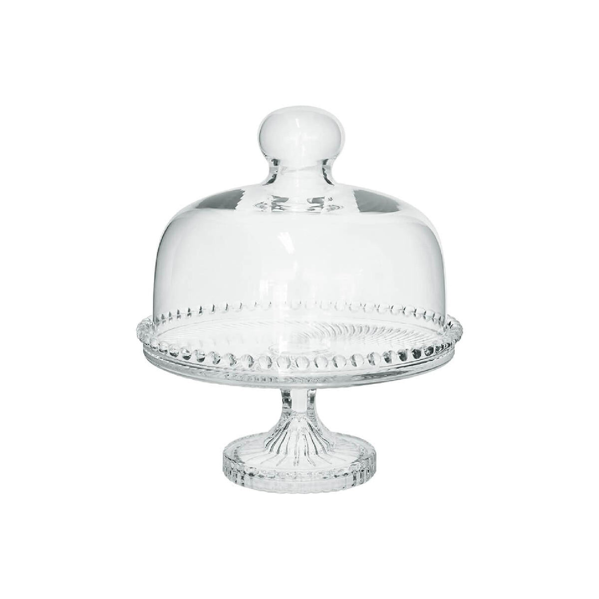 Clear glass cake stand with a matching glass dome lid