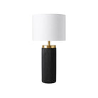 A table lamp with a black ribbed cylindrical base, a gold-finished neck, and a white linen shade