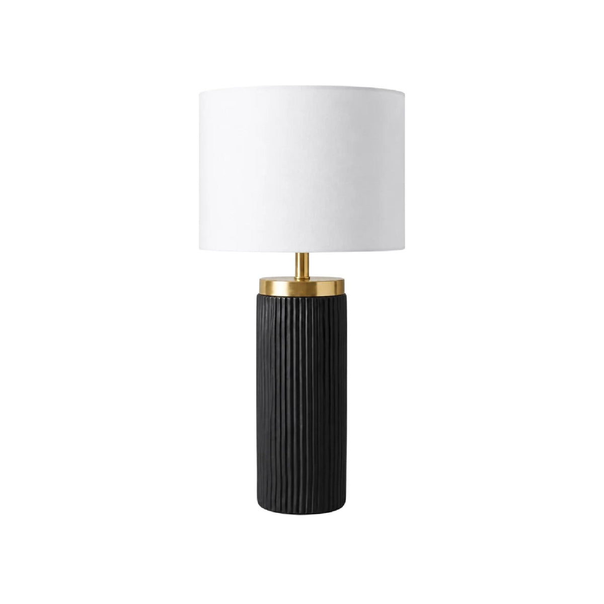 A table lamp with a black ribbed cylindrical base, a gold-finished neck, and a white linen shade