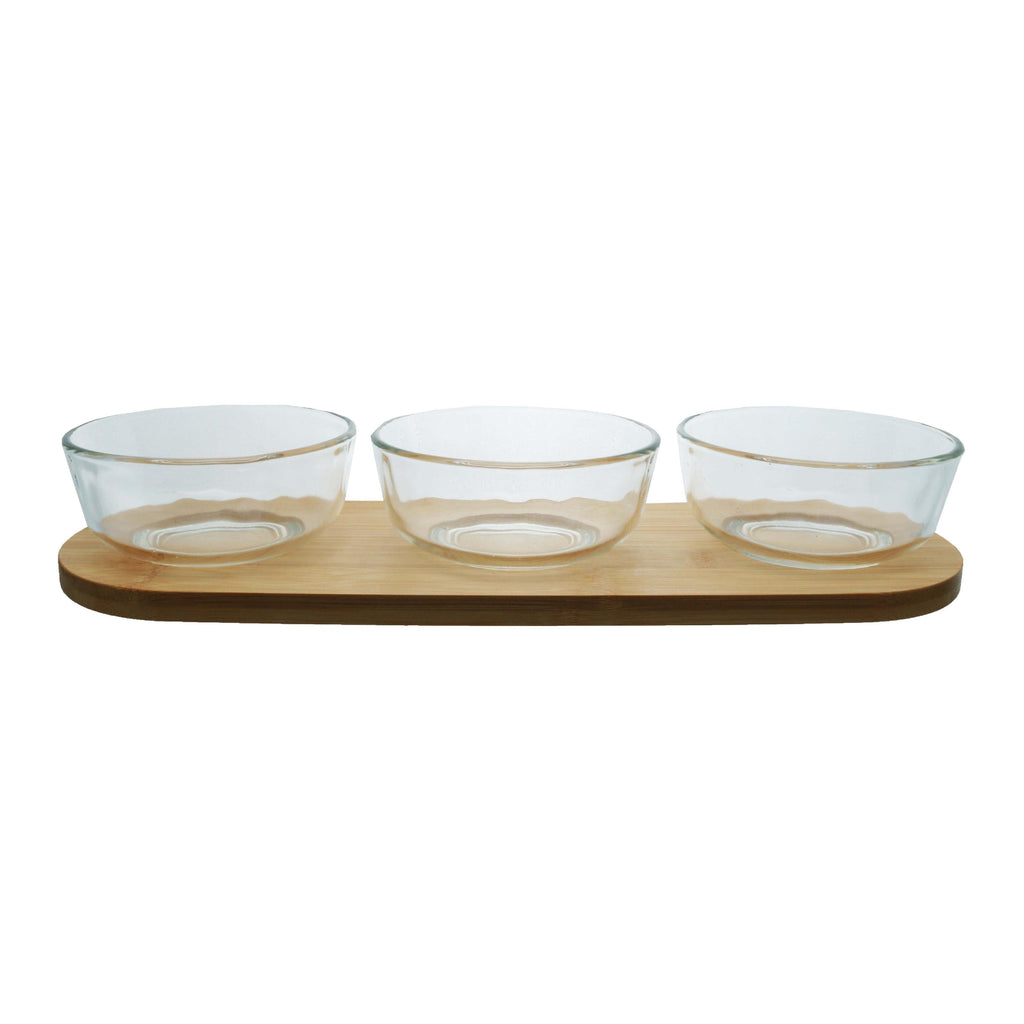 Glass bowl set of three on bamboo tray