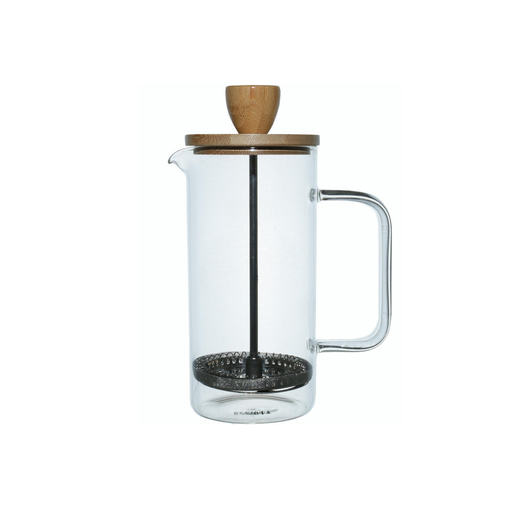 Glass coffee plunger with bamboo lid