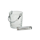 Clear glass ice bucket with metal tongs