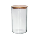 Clear glass storage jar with a wooden lid