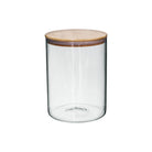 Clear glass storage jar with a wooden lid