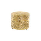 Gold lattice metal trinket box with hinged lid closed on a white background