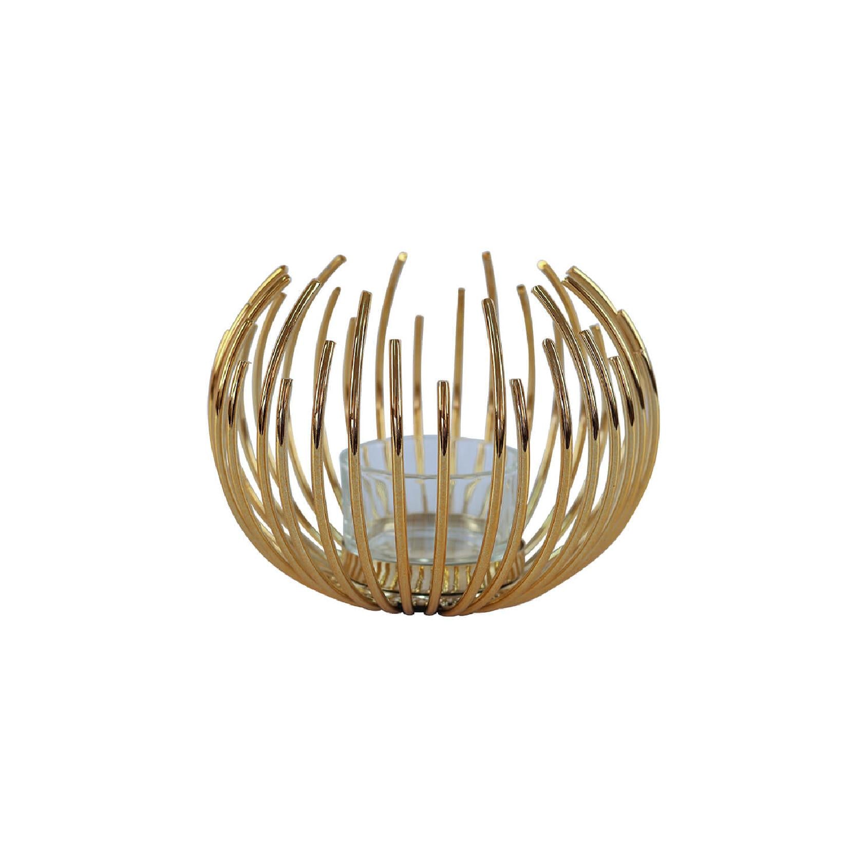 Curved gold ribbed votive holder with glass insert