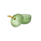 Green textured apple-shaped glass storage container with a gold leaf