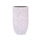 A tall, ribbed grey ceramic planter pot