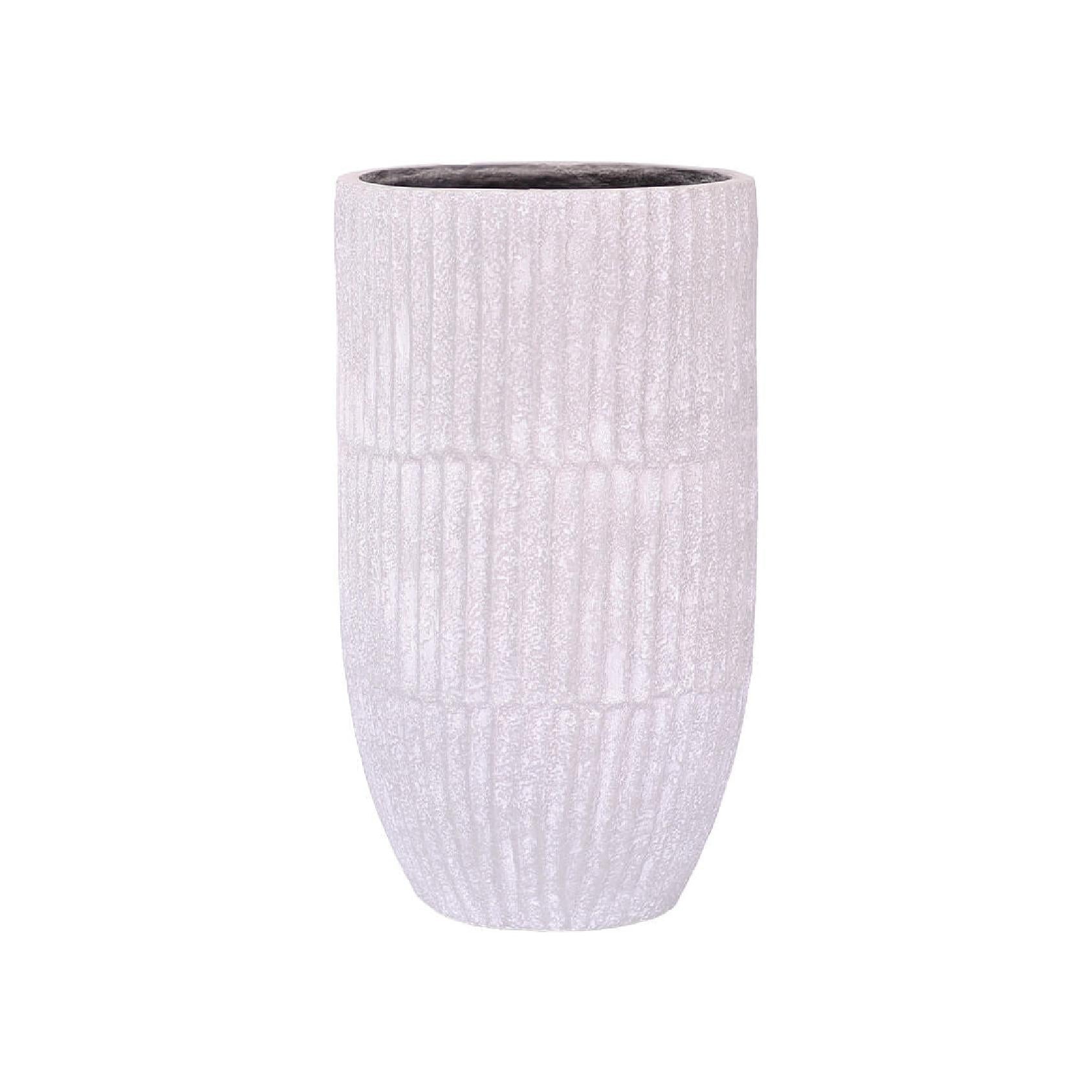A tall, ribbed grey ceramic planter pot
