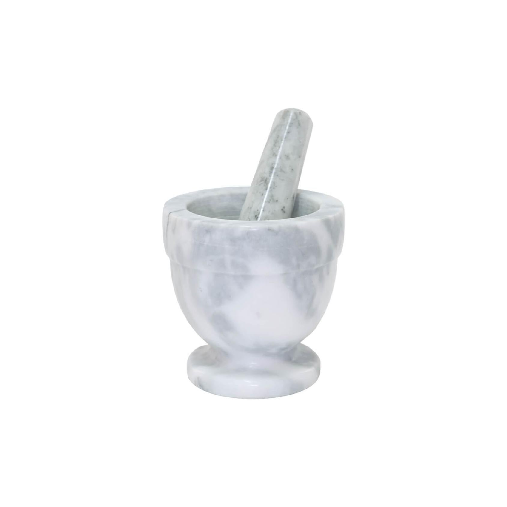 White and grey marble mortar and pestle