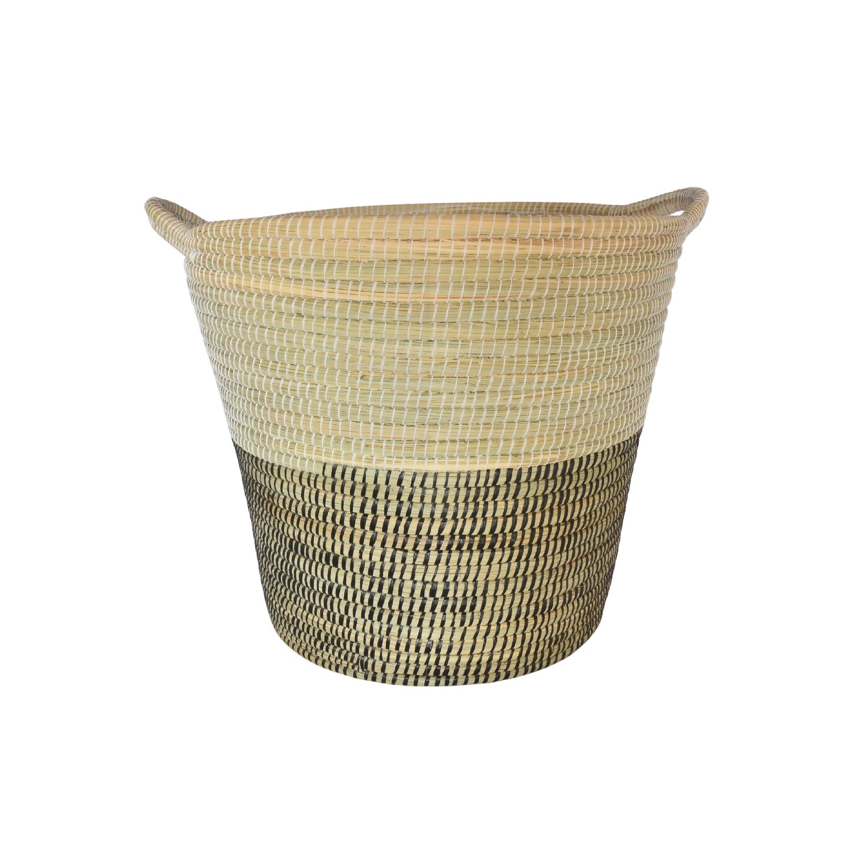Natural woven basket with two-tone design and handles