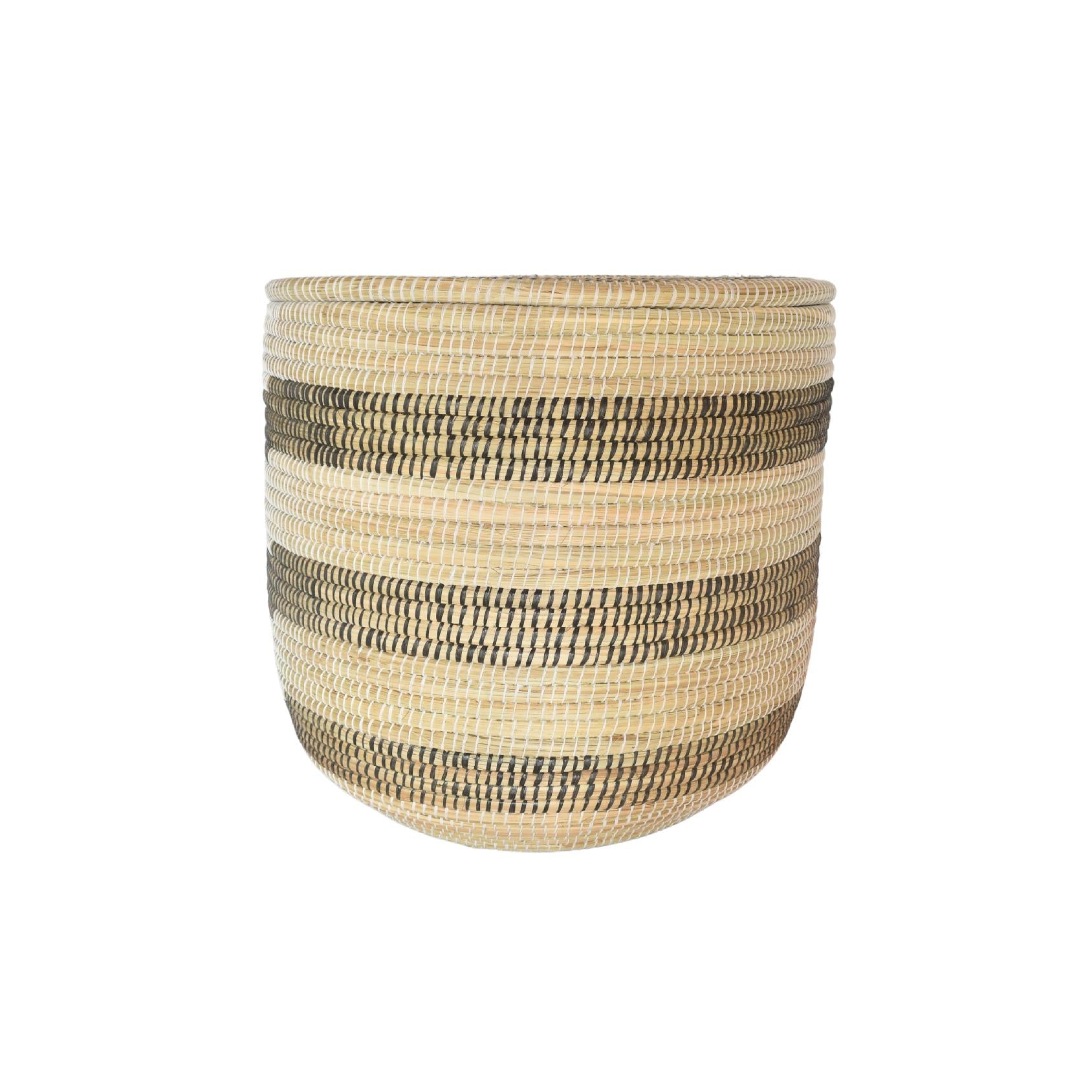 Woven basket with black stripes and a fitted lid