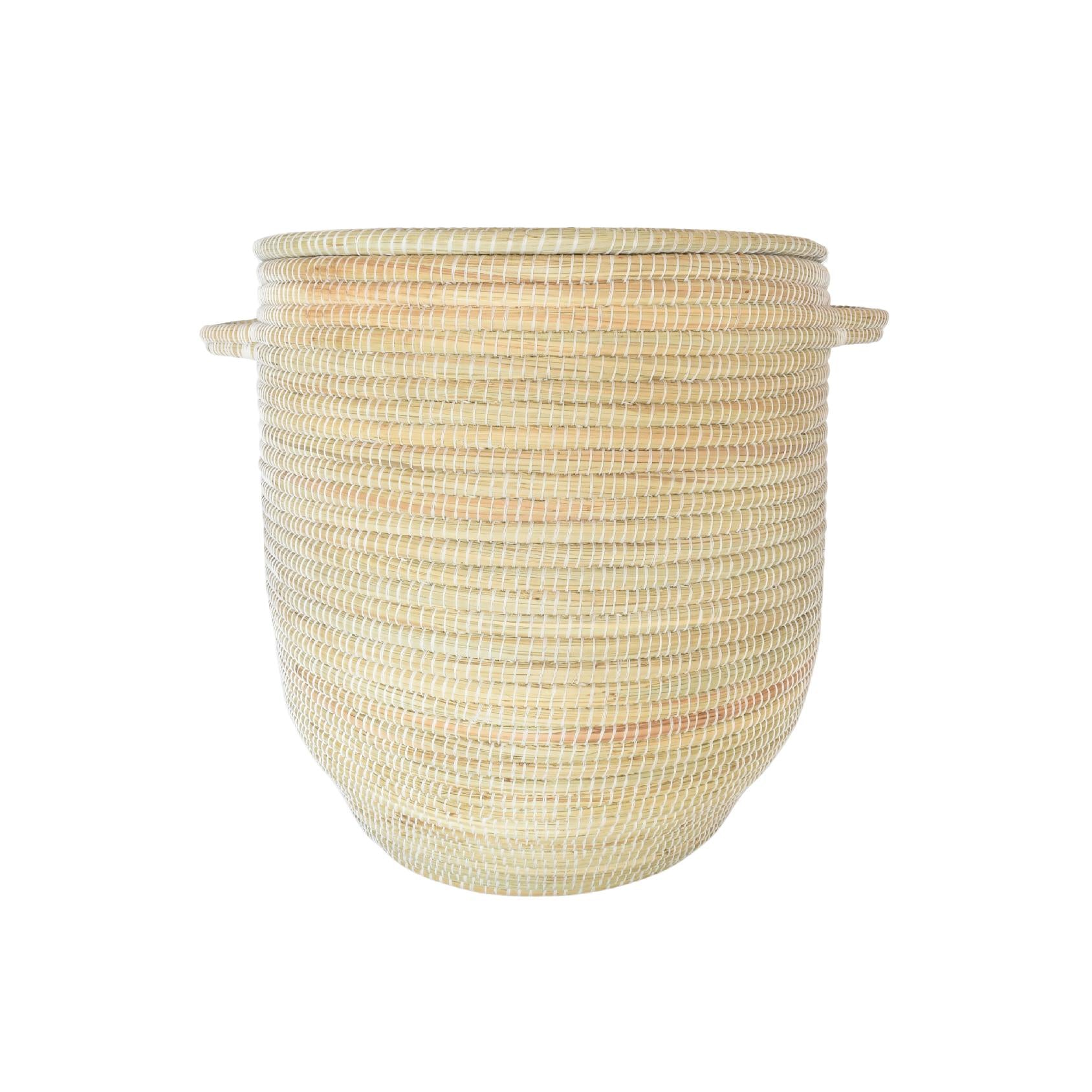 Natural woven basket with white accents, handles and a fitted lid