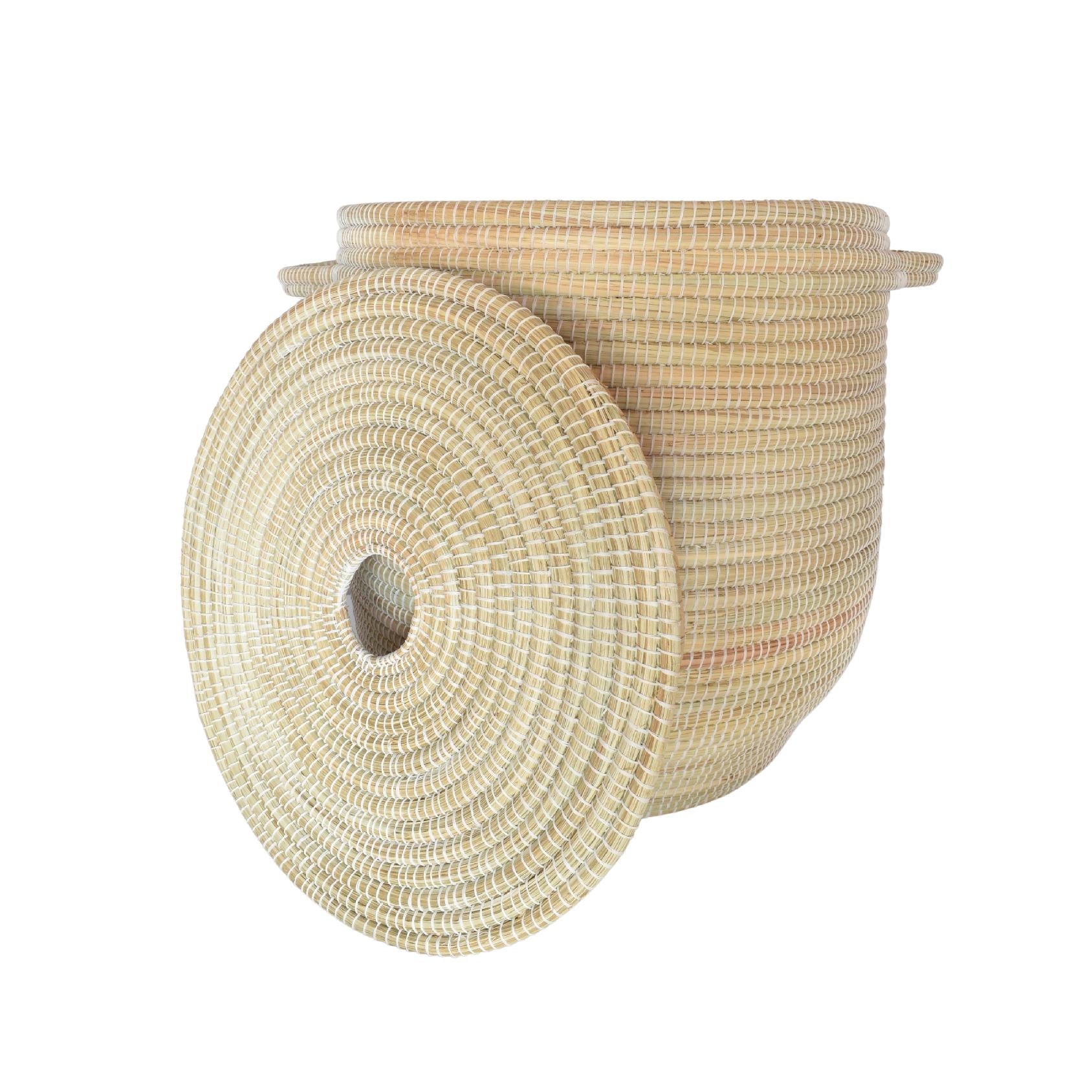 Natural woven basket with white accents, handles and a fitted lid