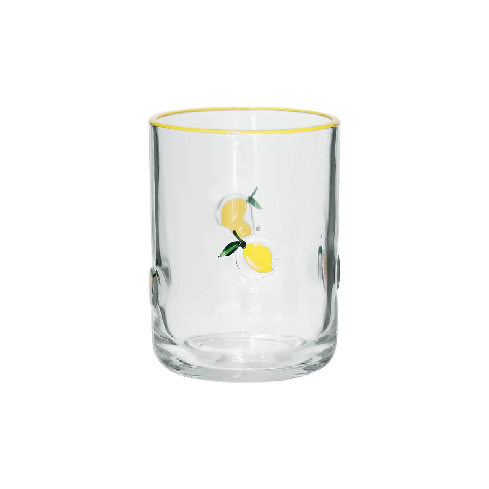 Clear glass hi-ball with embossed lemon detail and yellow rim