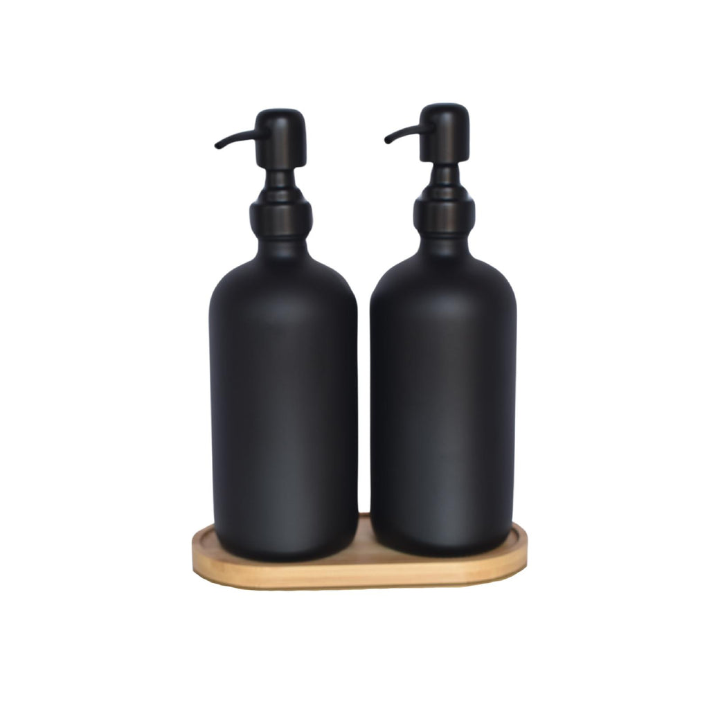 Matte black glass dispenser bottle set with bamboo tray