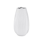 Matte white ceramic vase with pleated texture and scalloped rim