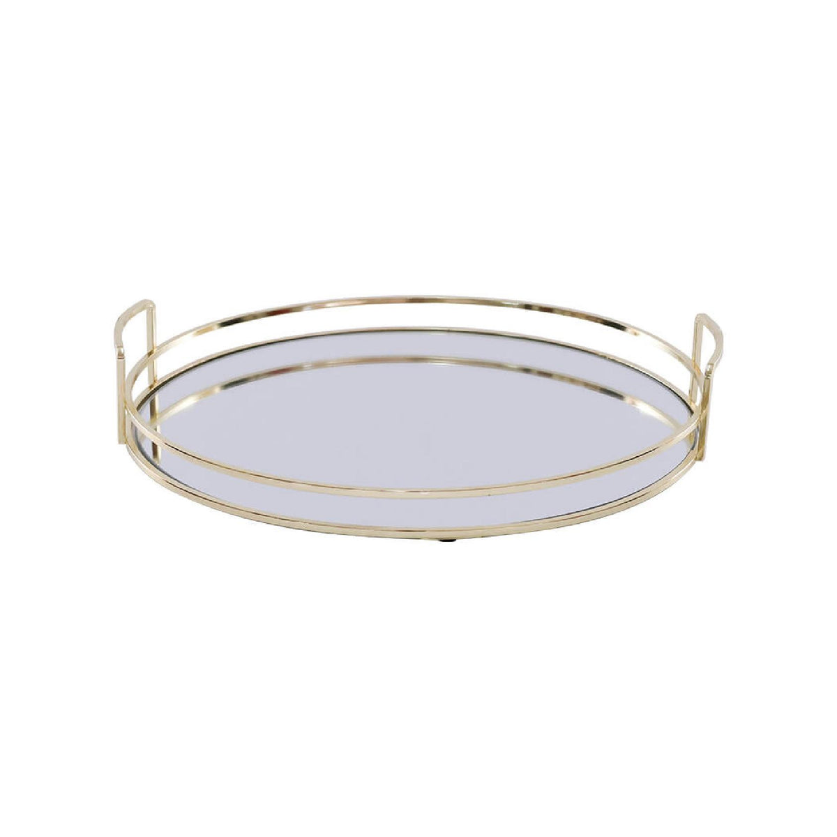 A round tray with a gold metal frame and a mirrored base