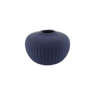 Round navy blue ribbed ceramic vase