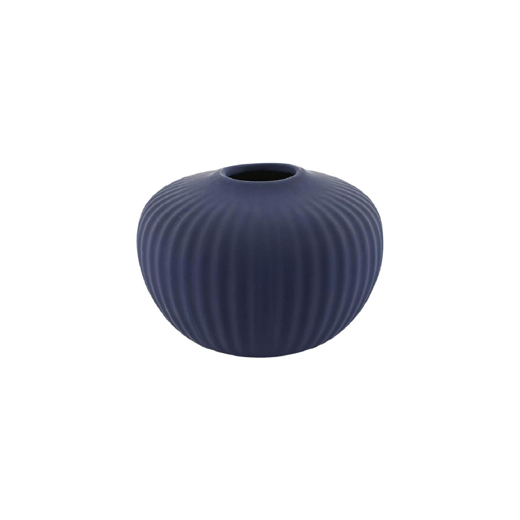 Round navy blue ribbed ceramic vase