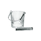 A clear glass ice bucket with a ribbed pattern and a silver metal handle, with a pair of metal tongs