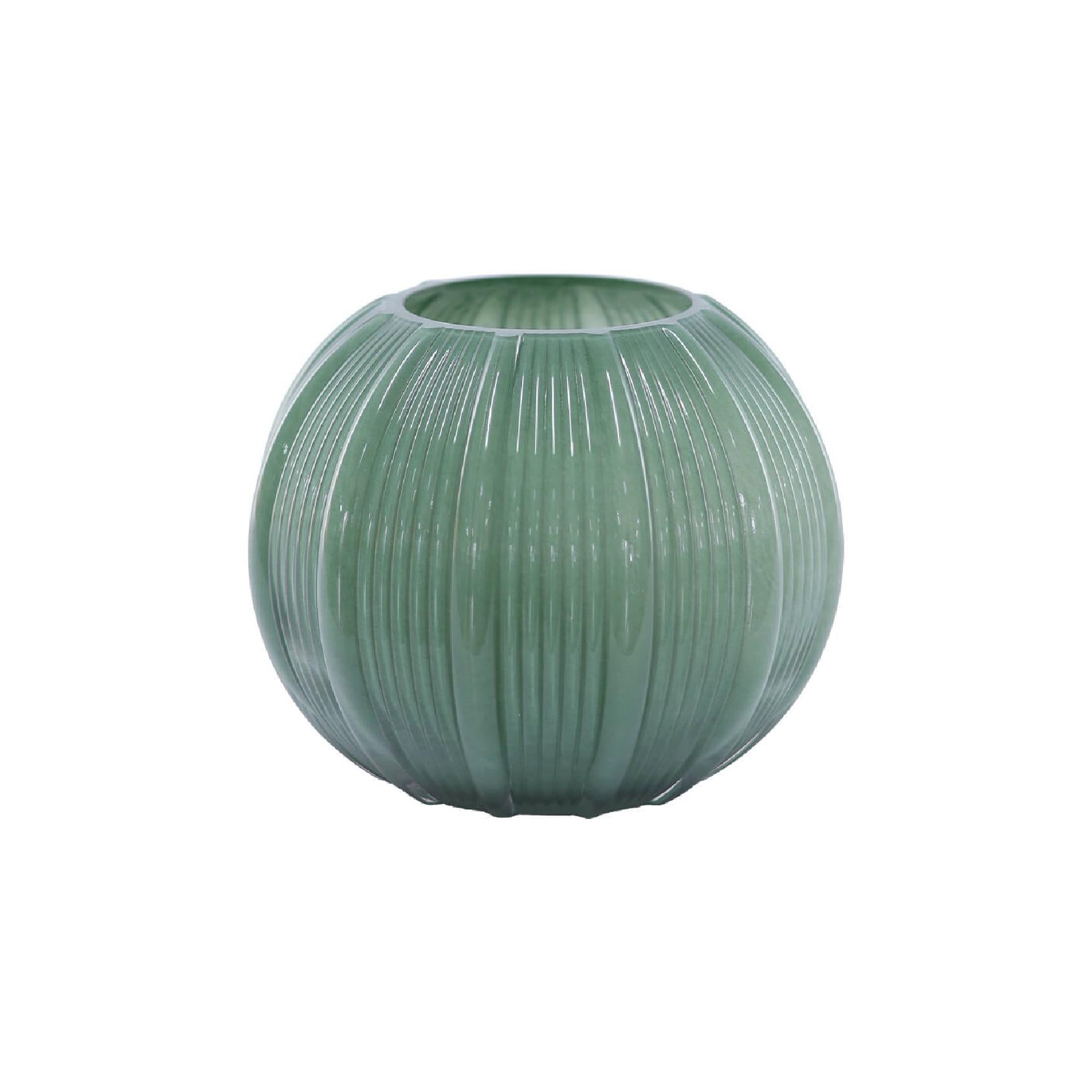 Green ribbed round glass vase