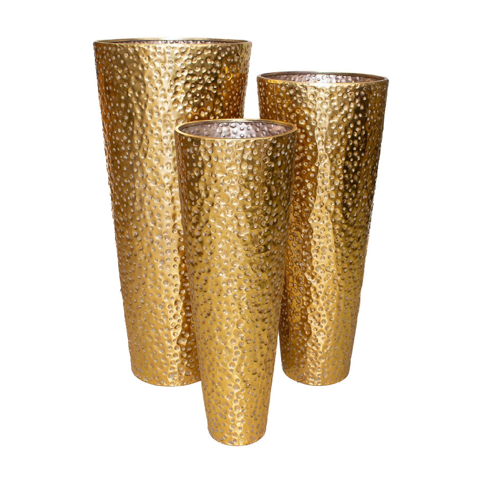 Set of three tall decorative hammered planters in gold