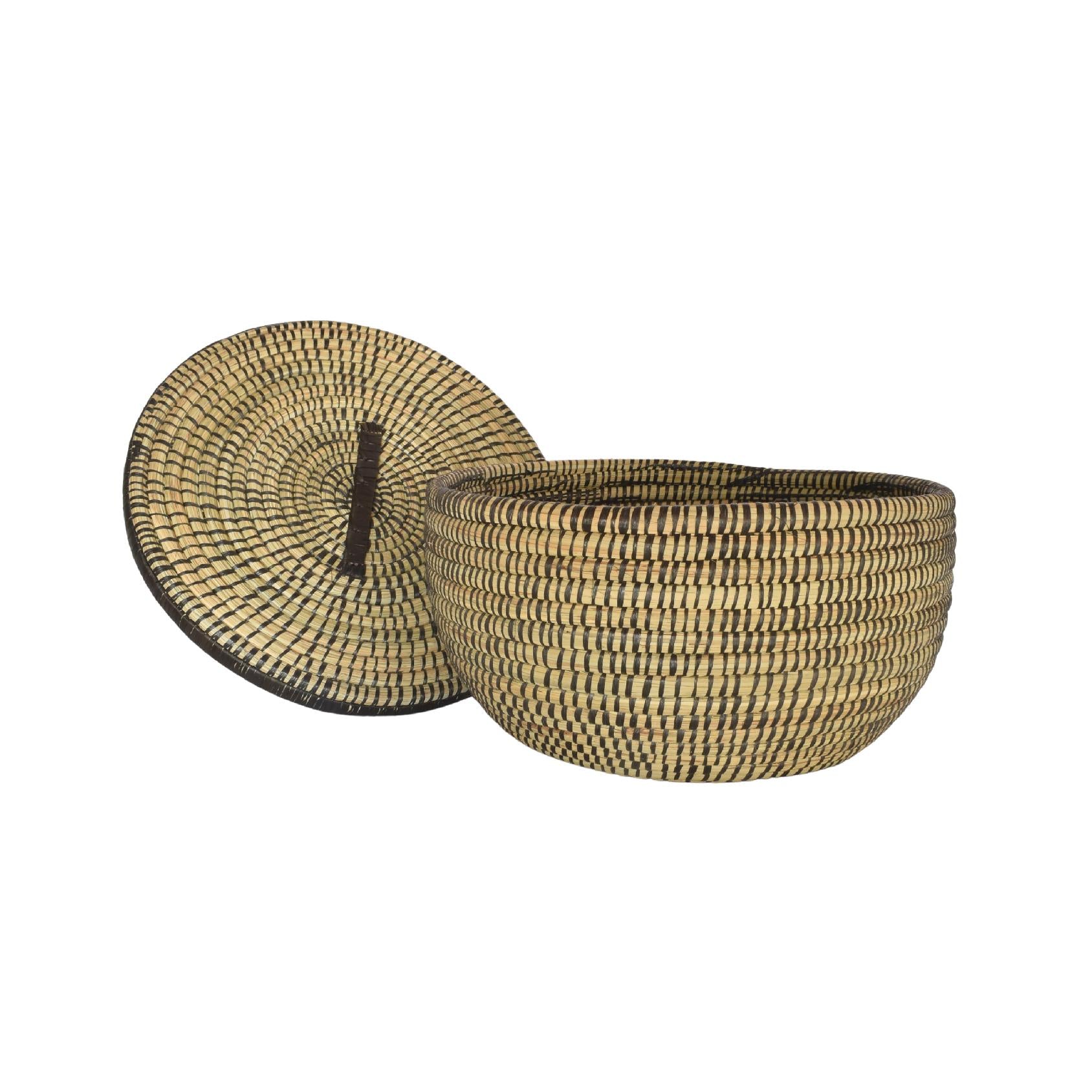 Shallow woven basket with black detailing and a removable lid