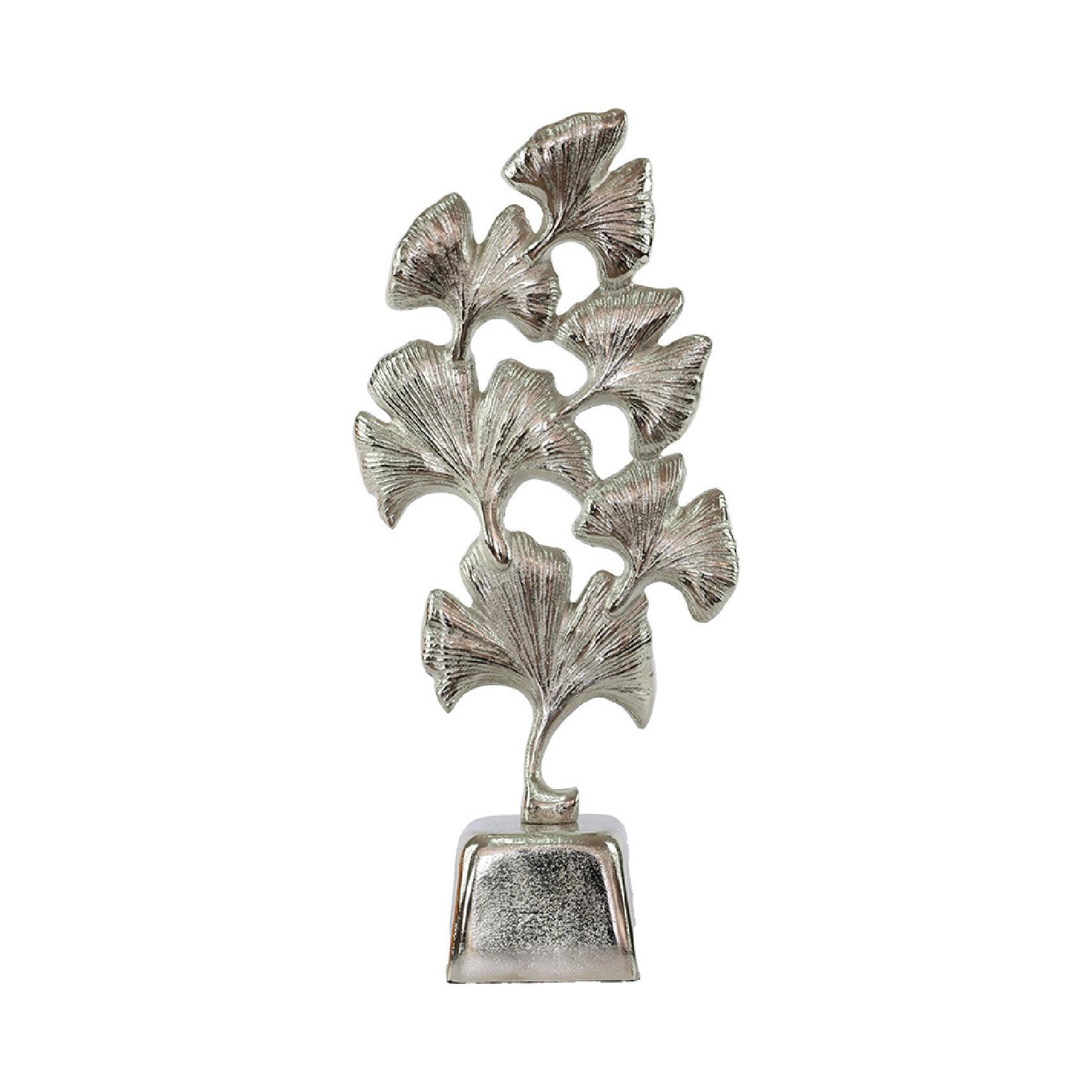 Silver metal leaf sculpture featuring layered leaves