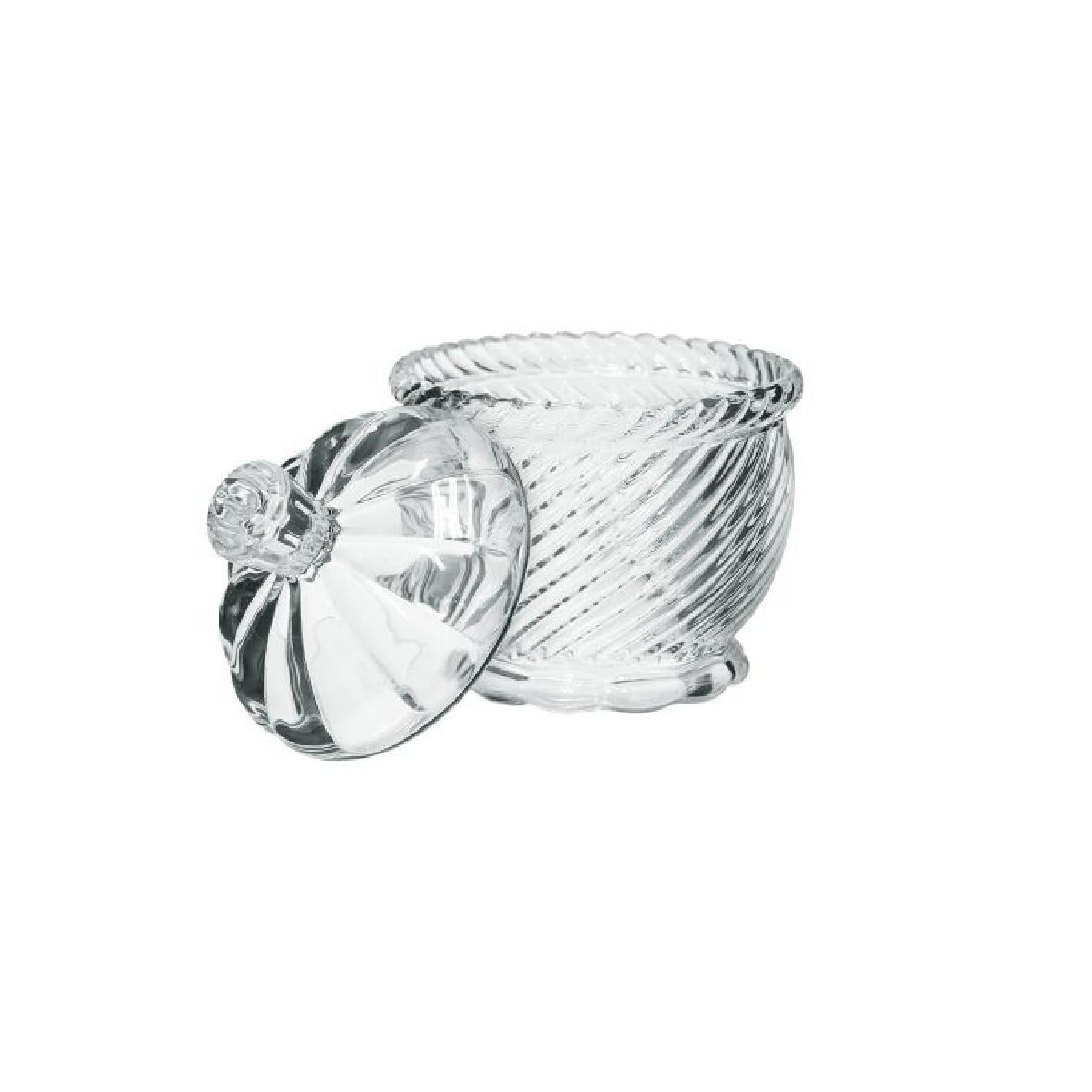 Clear glass trinket box with a lid and swirled glass finish