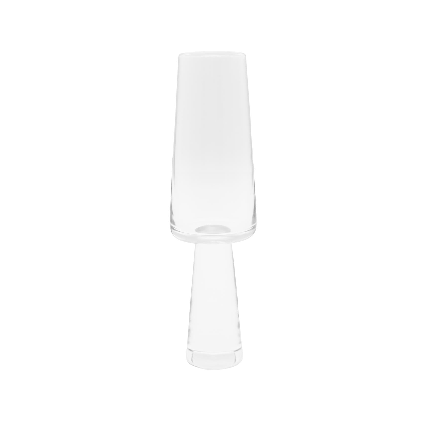 Clear tapered glass champagne flute with a tall, modern silhouette