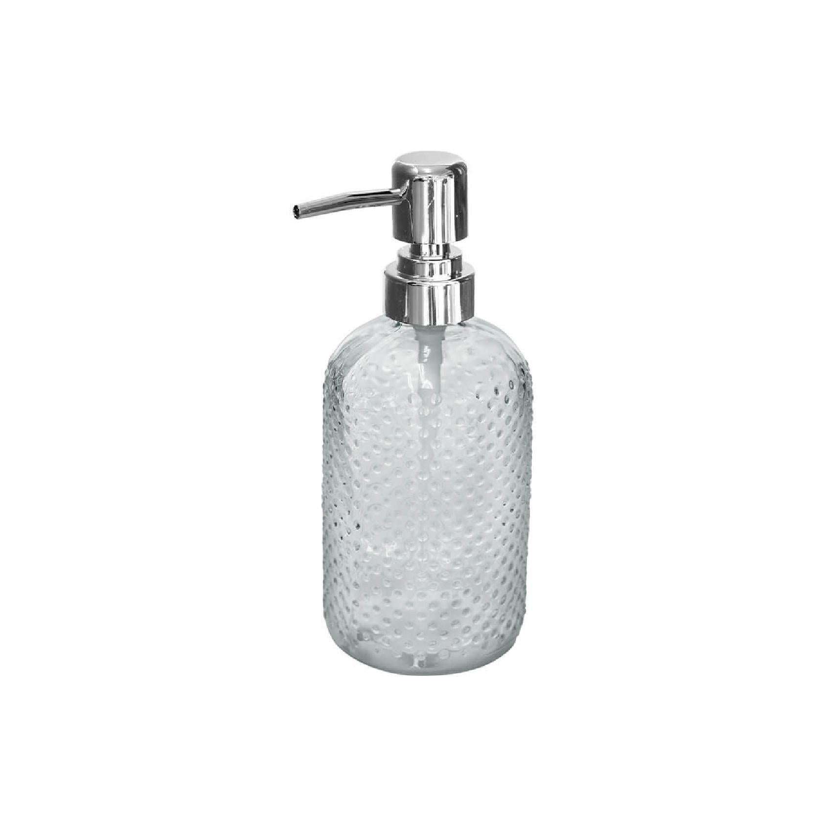 Clear textured glass soap dispenser with silver pump